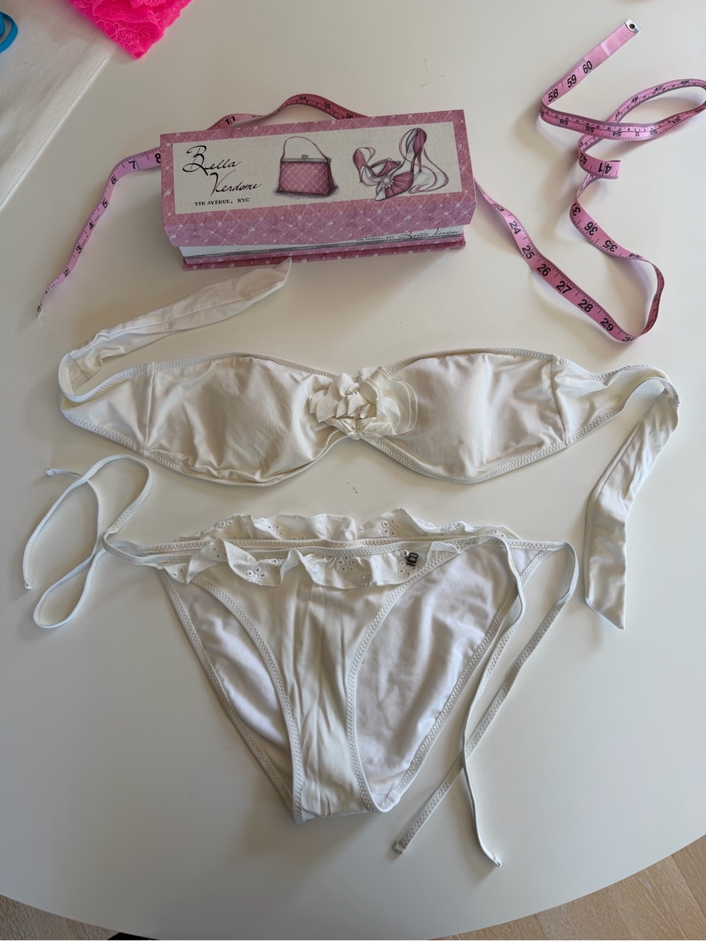 White Bikini Set with Ruffle + Flower Detailing